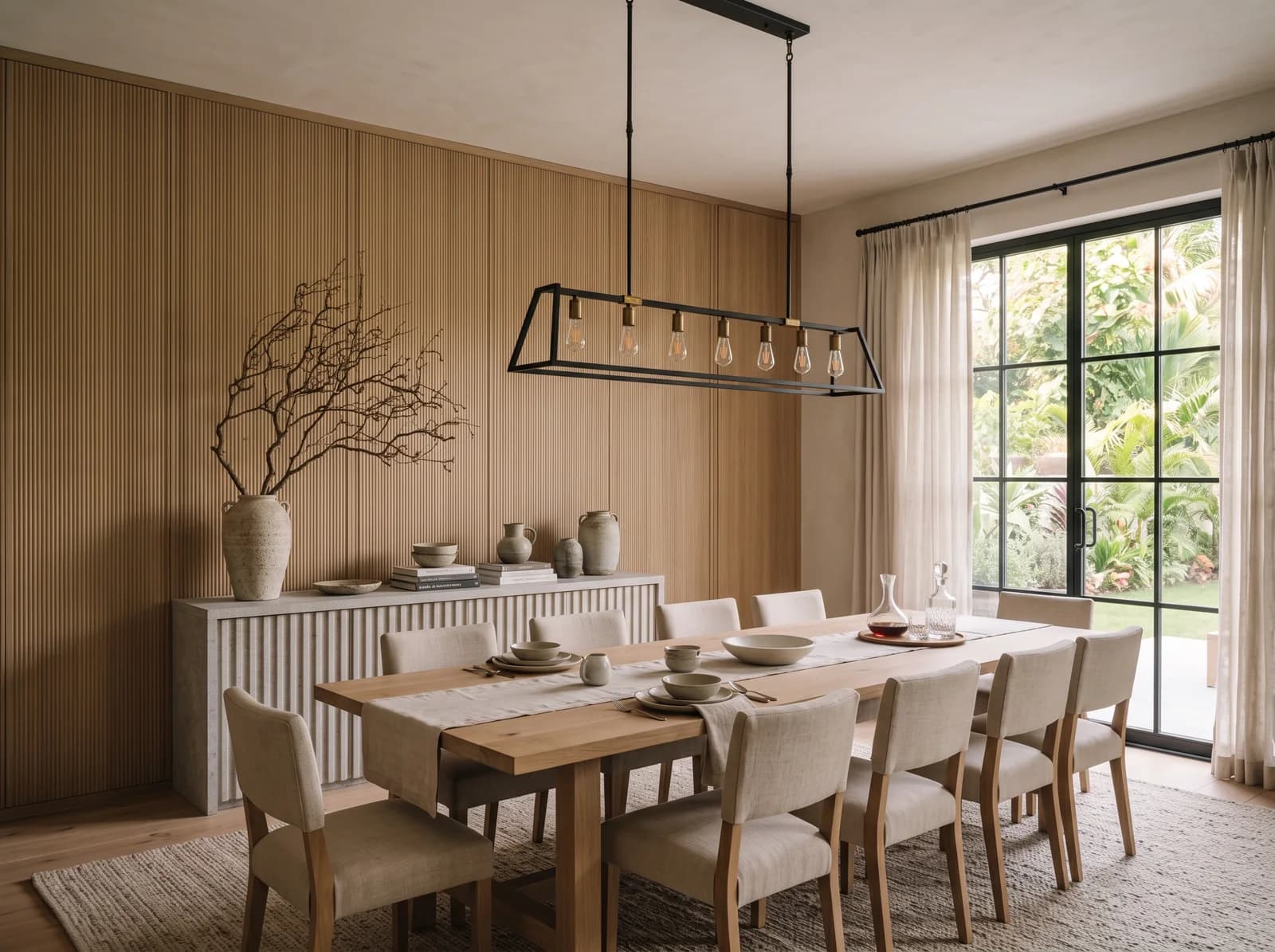 Stone and linen dining room with a long timber table under a tall window, designed by Élara & Co.