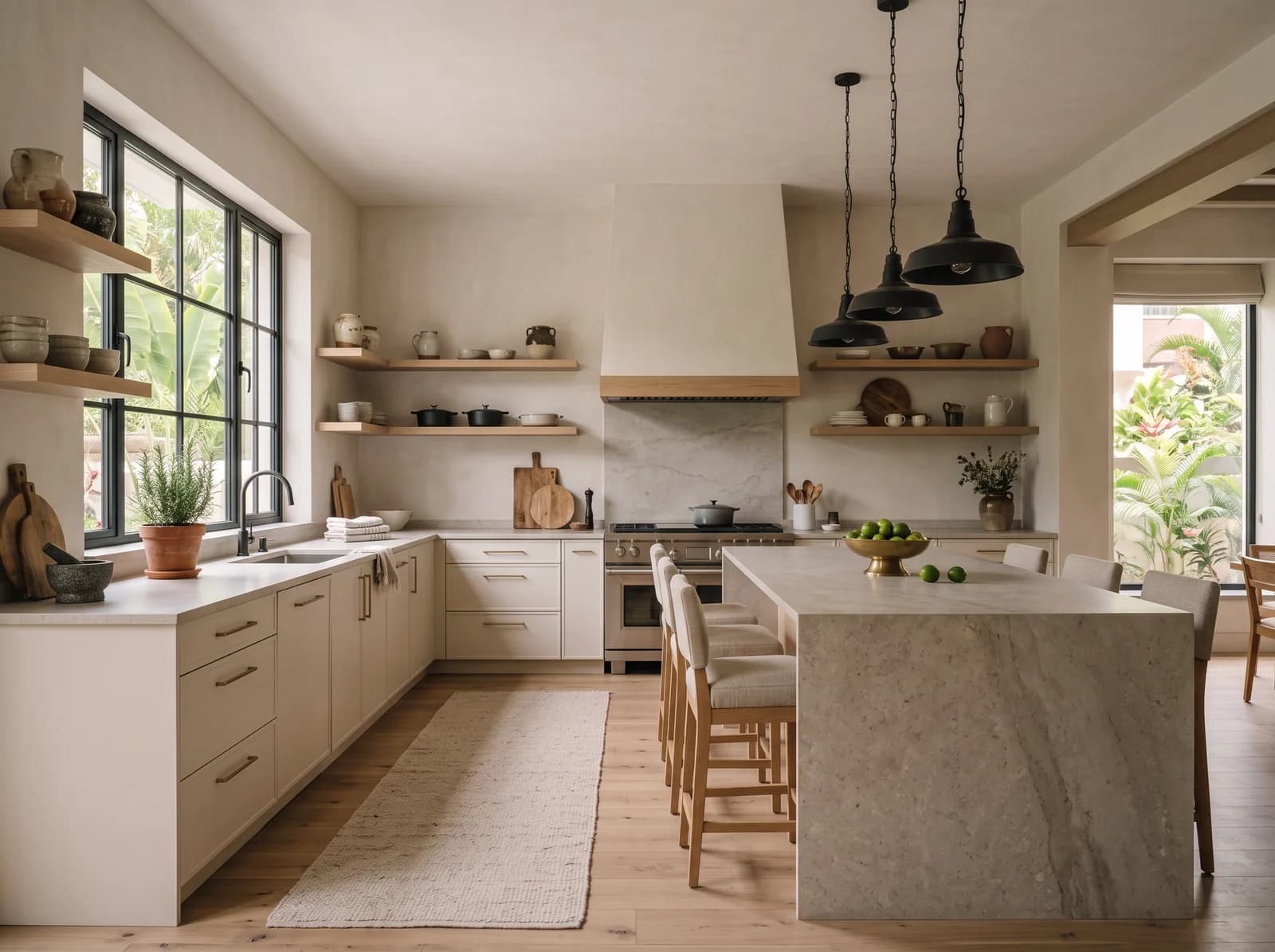 Kitchen with warm-white matt PU cabinetry, a plaster range hood with oak trim, a honed limestone island with waterfall end, oak stools, open oak shelves and black iron pendants