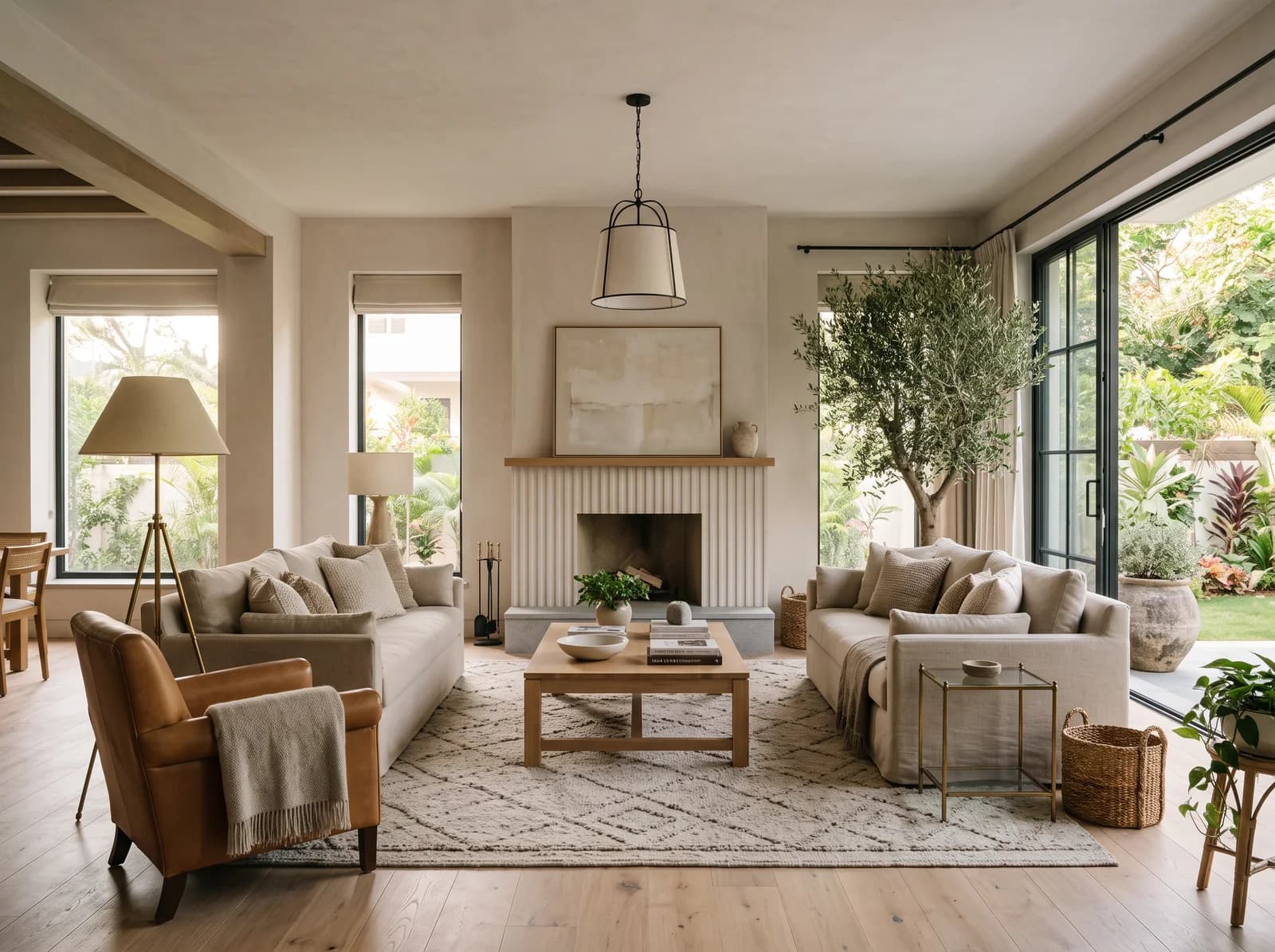 Transitional living room with a fluted limestone fireplace wall, linen sofas and steel doors onto a garden, designed by Élara & Co.