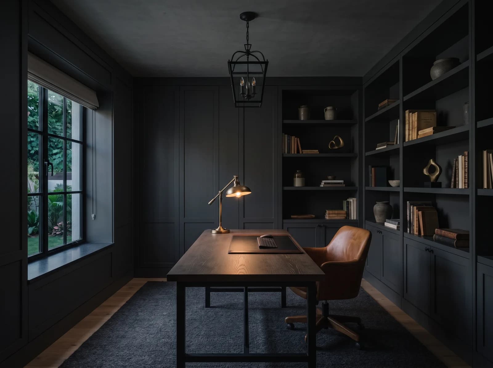 Moody home office panelled floor to ceiling in charcoal matt PU with built-in shelves, a white oak and black steel desk, a brass desk lamp, a caramel leather chair and a garden window