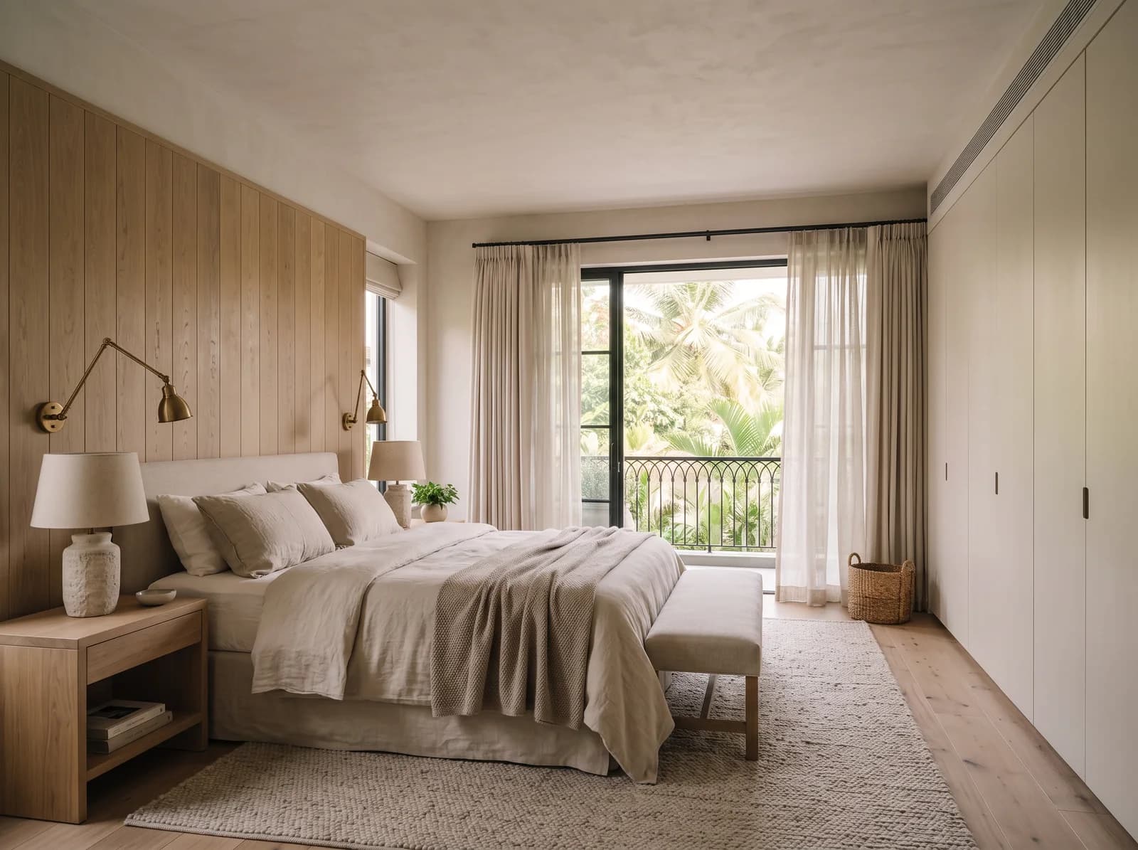 Primary bedroom with a white oak plank headboard wall, a linen bed with a wool throw, brass reading lights, oak bedside tables with stone lamps and a black steel door onto a balcony