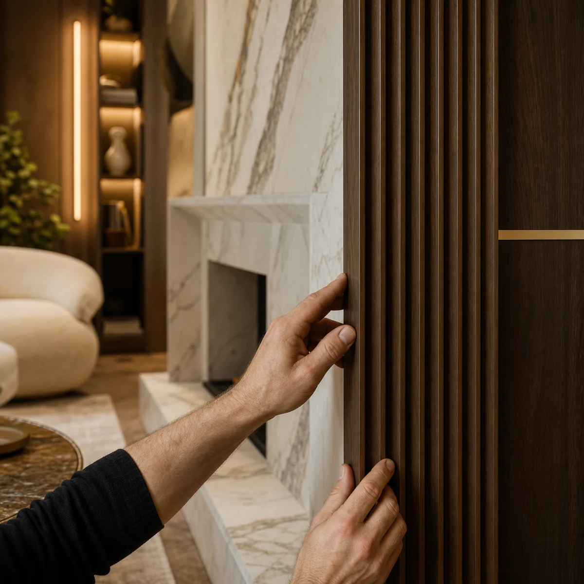 Bespoke joinery and stone detailing being finished by hand during a turnkey interior fit-out
