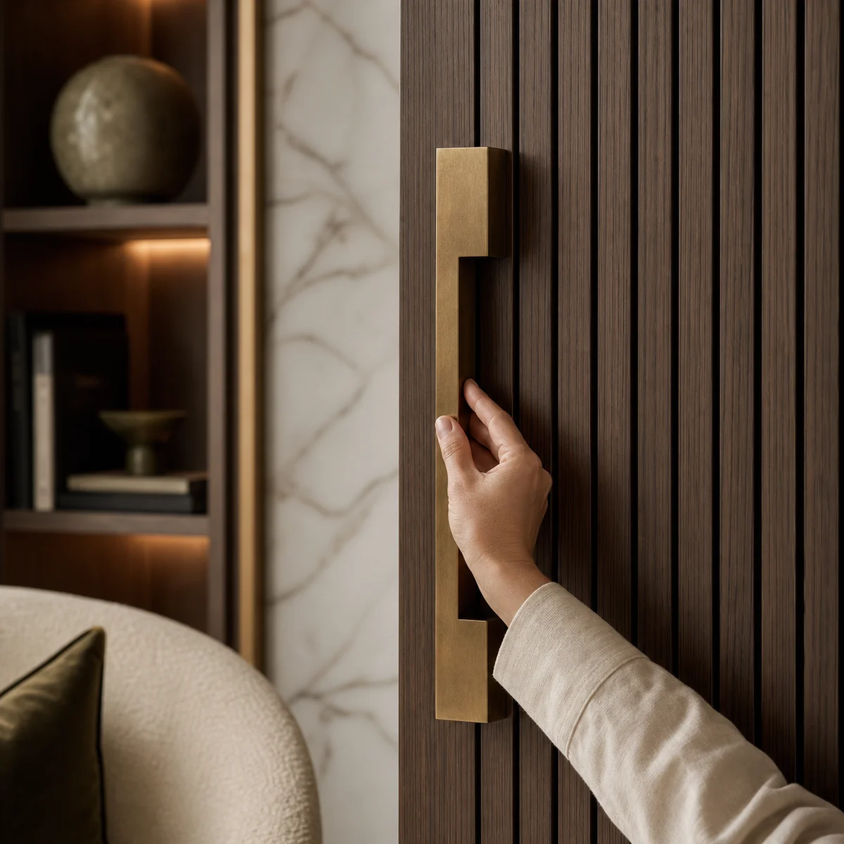 A hand on a brushed brass pull set into a fluted walnut wardrobe door, with a lit shelf niche and Calacatta stone beyond