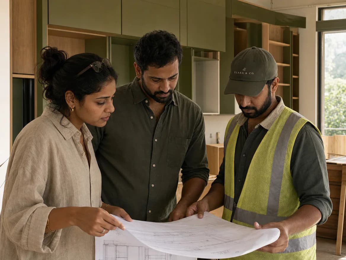 A designer, a project manager and a site supervisor in an Élara cap reviewing a drawing together in an apartment mid fit-out