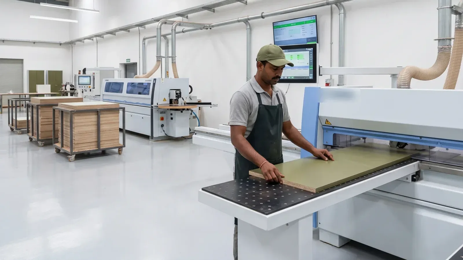 A craftsman in an olive cap steadies an olive-green panel at the infeed of a modern CNC beam saw in a bright, clean factory hall
