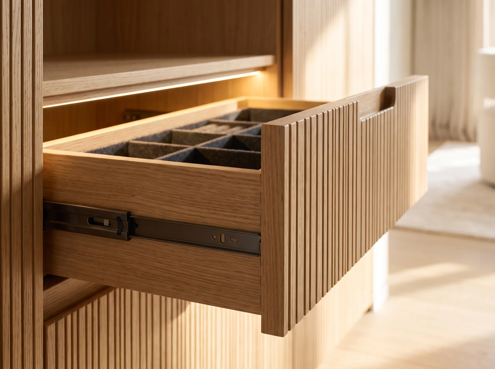 A fluted oak wardrobe drawer gliding open on soft-close runners, its lit interior fitted with a felt-lined tray