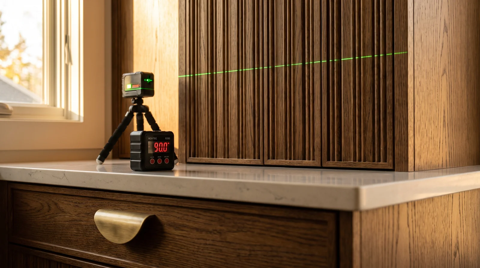 A laser level's green line running dead straight along fluted oak cabinet doors, a digital angle gauge on the counter reading 90.0