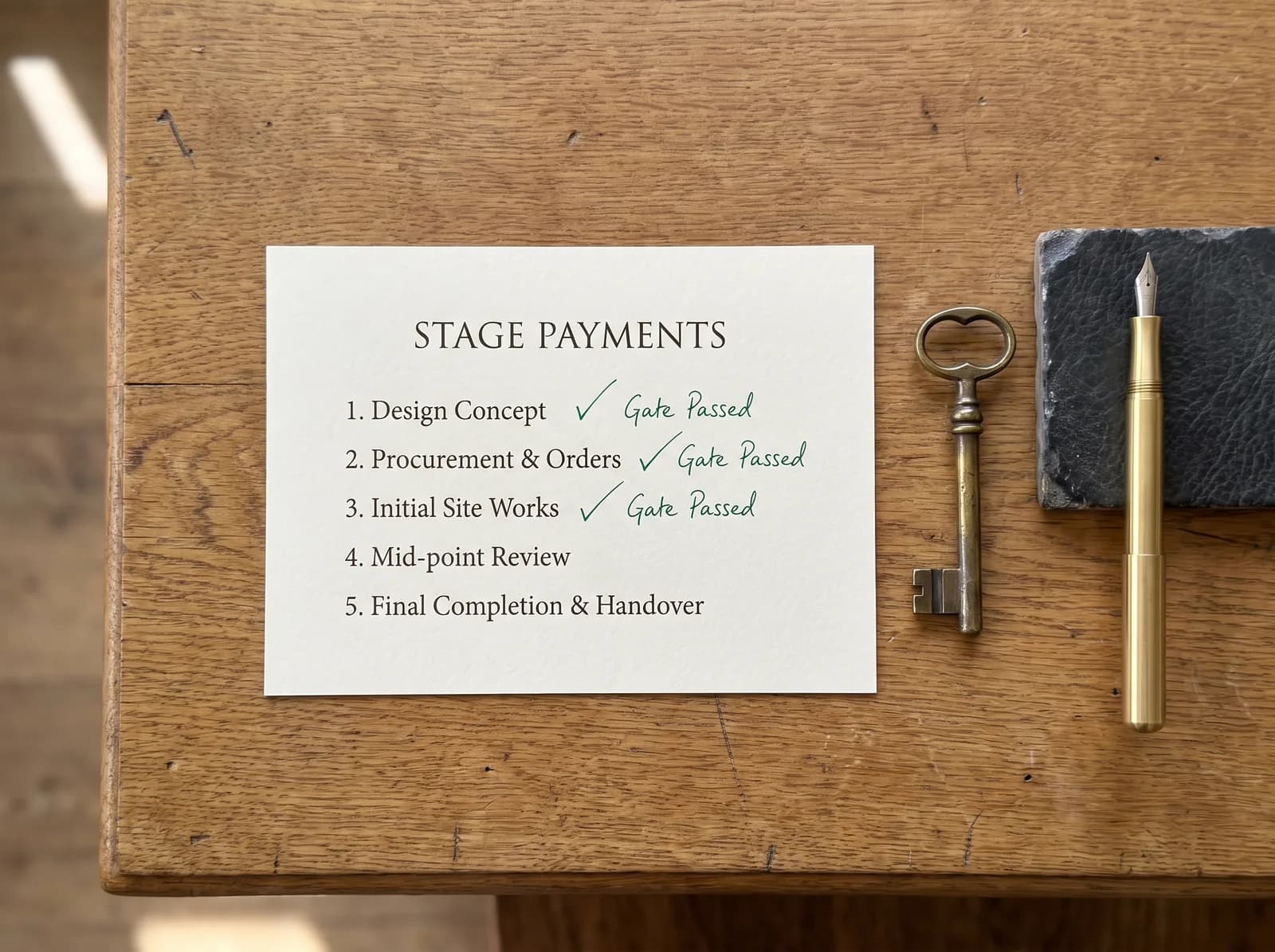 A stage-payments card on an oak desk listing five stages, the first three ticked gate passed, a brass key beside it